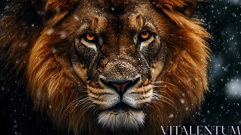 Winter-lit lion portrait with intense golden gaze.