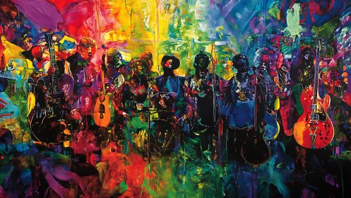 Electric jazz ensemble dissolves into prismatic color storm.