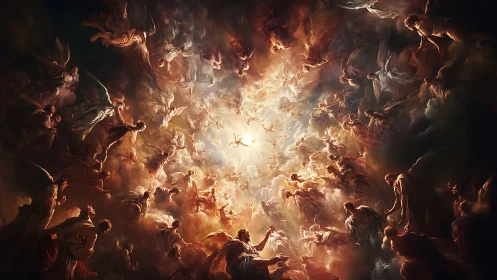 Angelic figures spiral toward central radiant light source
