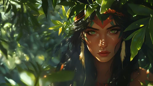 Digital portrait shows woman framed by dense sunlit foliage