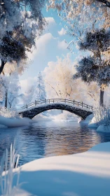 Stone arch footbridge over reflective winter river under snow