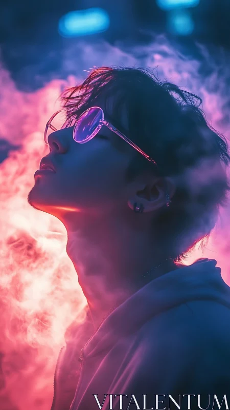 Neon portrait silhouette in magenta blue vapor glow.