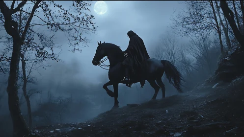 Midnight rider moves quietly through a misty moonlit forest