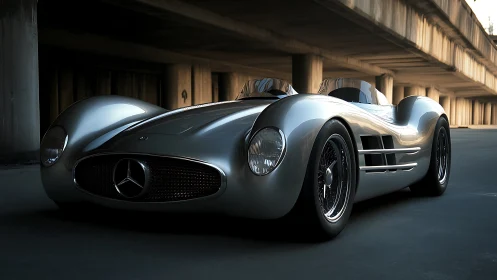 Silver Mercedes roadster underpass shot with dramatic light.