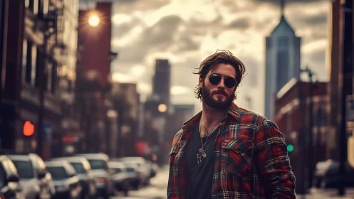 Bearded man in plaid shirt standing in urban street scene.