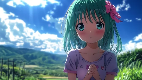 Soft-lit anime portrait with depth-of-field rural landscape background