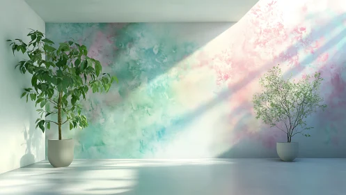 Interior space with potted trees and pastel wall light study.