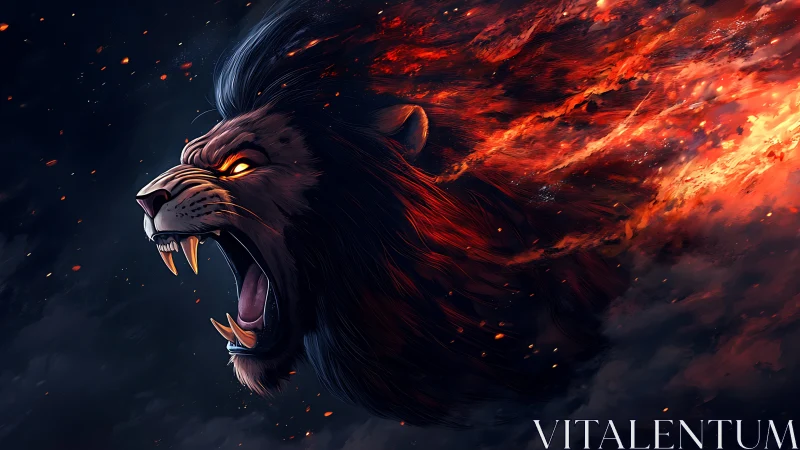 Roaring lion blazes forward with a mane made of fire