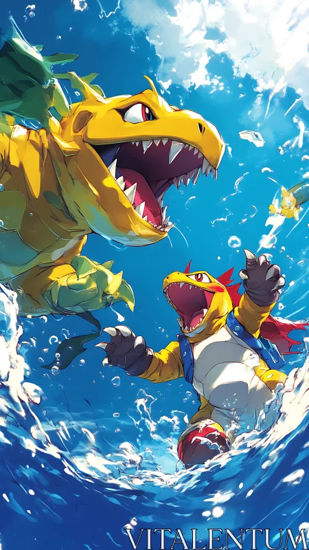 Playful dragon pals splashing through a bright blue ocean.