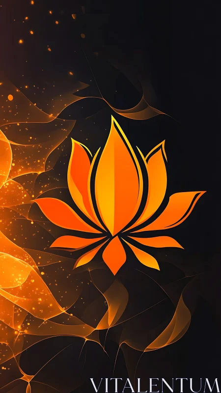 Orange lotus emblem is rendered over dark abstract field
