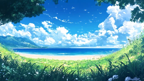 Quiet shore daydream under bright summer skies.