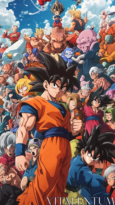 Dense anime ensemble composition showcases dynamic cel-shaded fighters