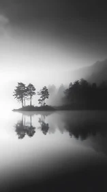 Monochrome lacustrine island with mirrored arboreal silhouettes.