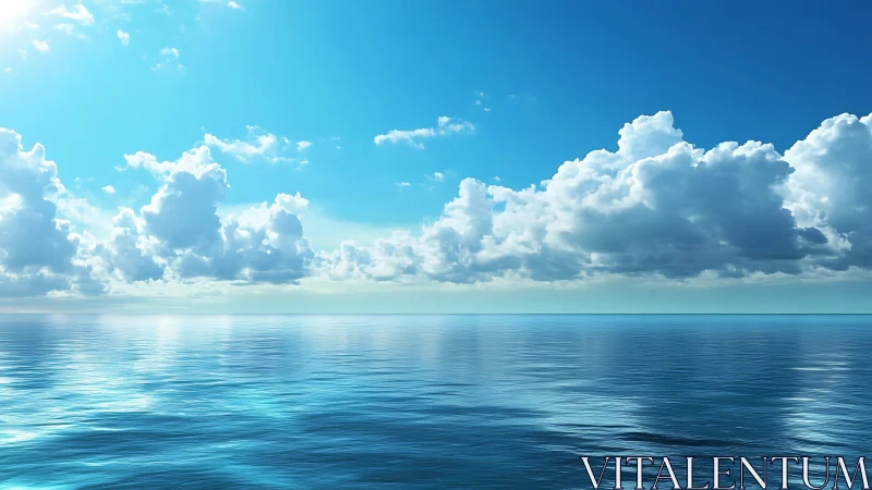 Calm ocean horizon under volumetric cumulus clouds and clear sky