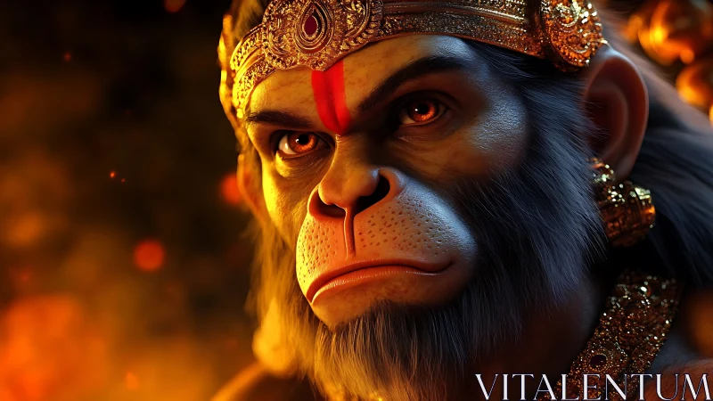 Mythic simian warrior portrait in molten gold rim light.