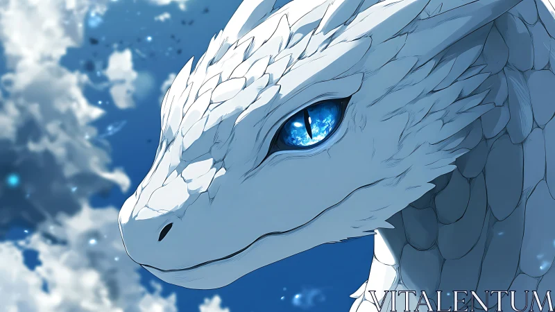 White dragon portrait showcases crystalline sapphire eye detail