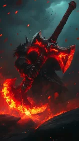 Hellforged battle axe in infernal warrior key art composition.