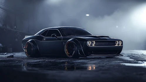 Widebody black muscle car in wet nocturnal urban streetscape