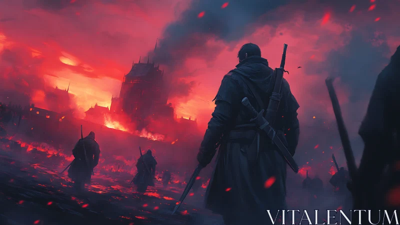 Armed figures approach burning fortress under red sky.