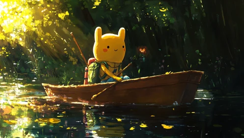 Cartoon rabbit figure rowing wooden boat on forest pond.