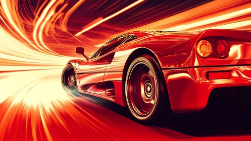 Rocket-red supercar bends light in a molten speed tunnel.