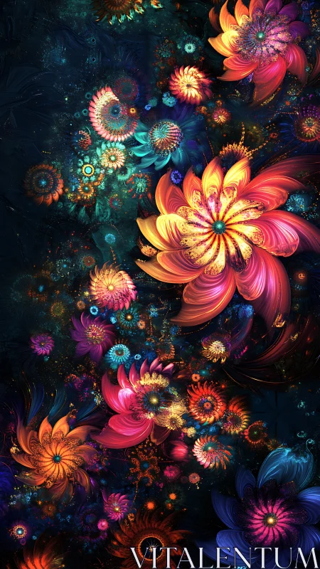 Fractal floral forms radiate neon color against dark space