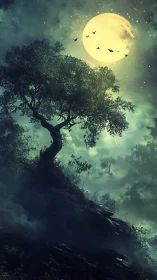 Nocturnal hillside canopy under oversized spectral moonlight.