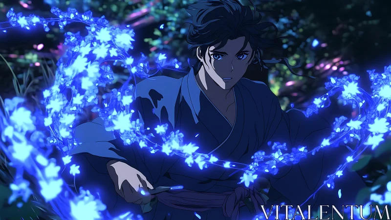 Young sorcerer guiding glowing blue blossoms through night.