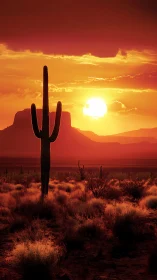 Desert sentinel cactus bathing in molten sunset fire glow.