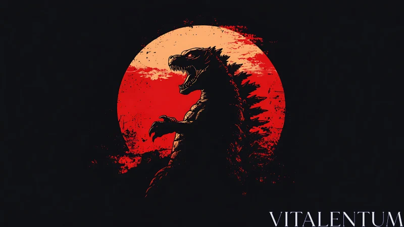 Kaiju silhouette roars before blood-red rising sun circle.