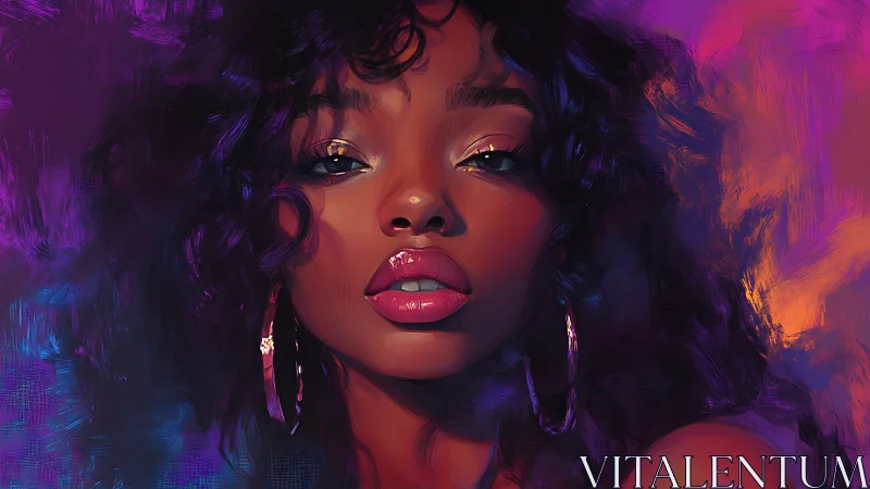 Digital portrait of woman in neon magenta and cyan lighting.