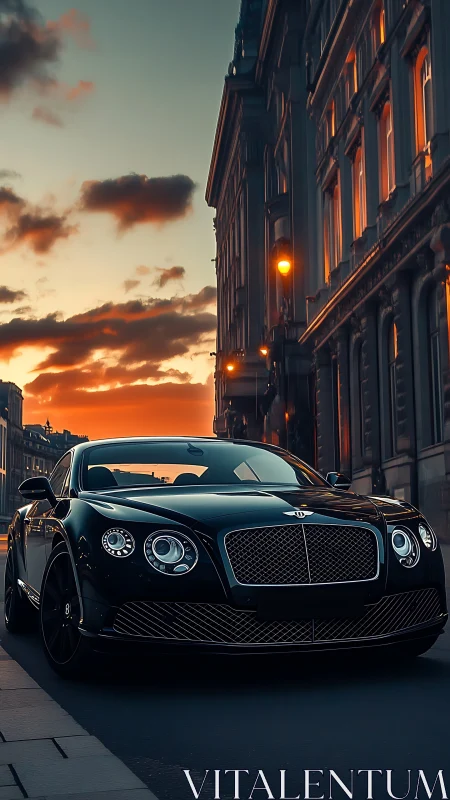 Luxury black coupe under urban sunset with reflective bodywork.