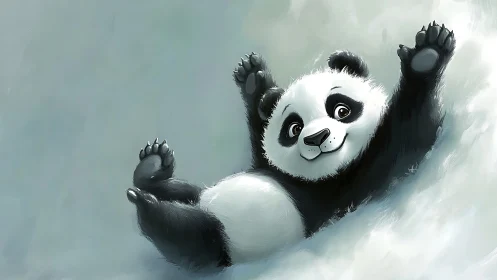 Playful baby panda happily sliding down a soft snowy hill