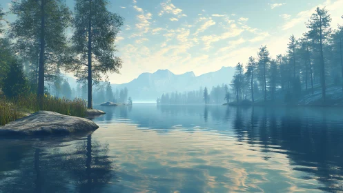 Gentle dawn over a still mountain lake wrapped in pines.