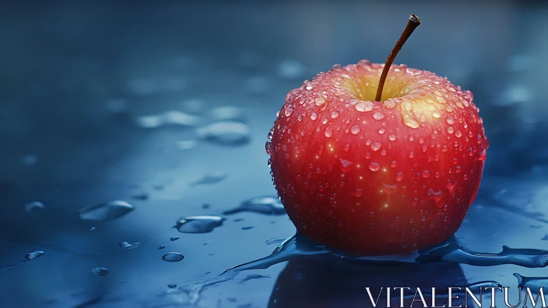 Photorealistic macro of wet red apple on reflective surface.