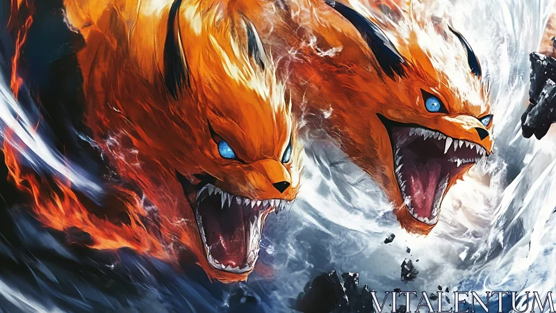 Elemental twin fox beasts with opposing fire and ice vortex