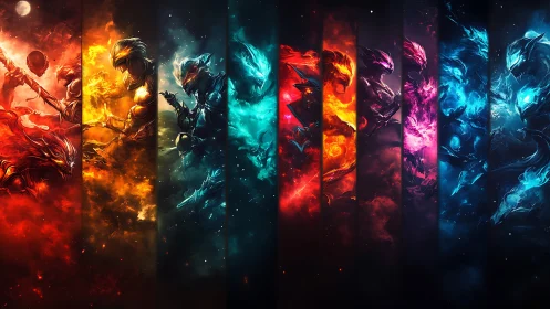 Elemental warriors ignite a neon storm across the void.