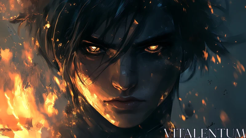 Close frontal portrait of ember-lit figure in darkness.