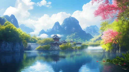 Serene lakeside pagoda beneath misty mountain peaks.