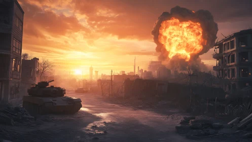 War-torn city street glows under fiery explosion at dusk.