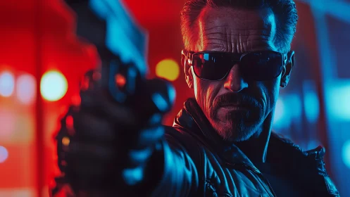 Gunman wearing sunglasses aims weapon under neon lights