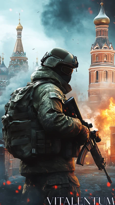 Armored soldier in urban combat near ornate domes at dusk.