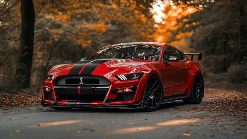 Red sports car with black stripes parked on forest road