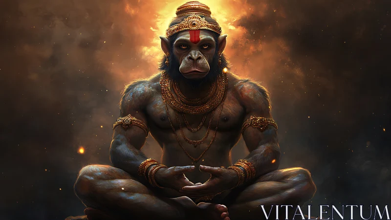 Simian sage crowns molten dusk with ember-bright stillness