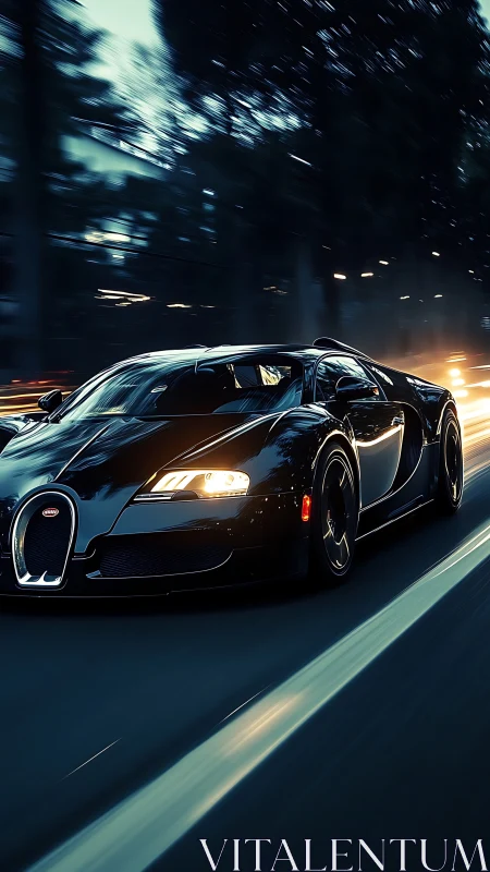 Midnight supercar gliding through a city of blurred lights.