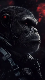 Cybernetic primate in tactical armor rendered with high contrast