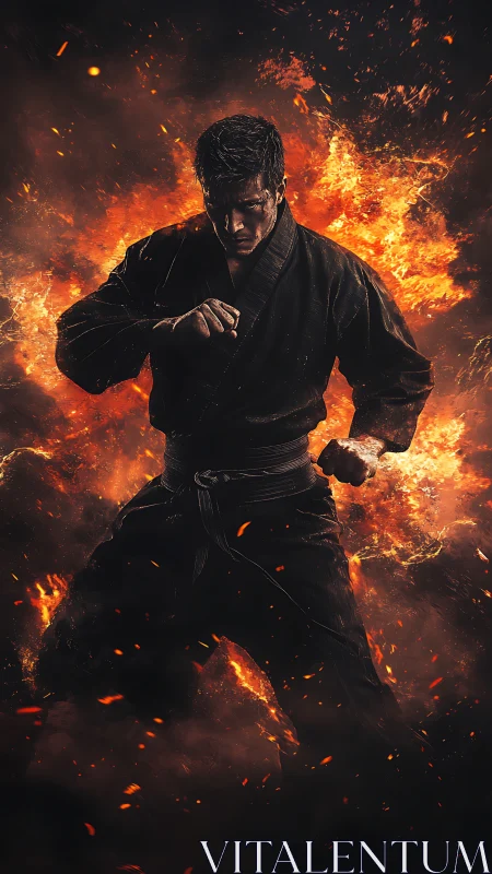 Martial artist in black gi framed by intense orange flames.