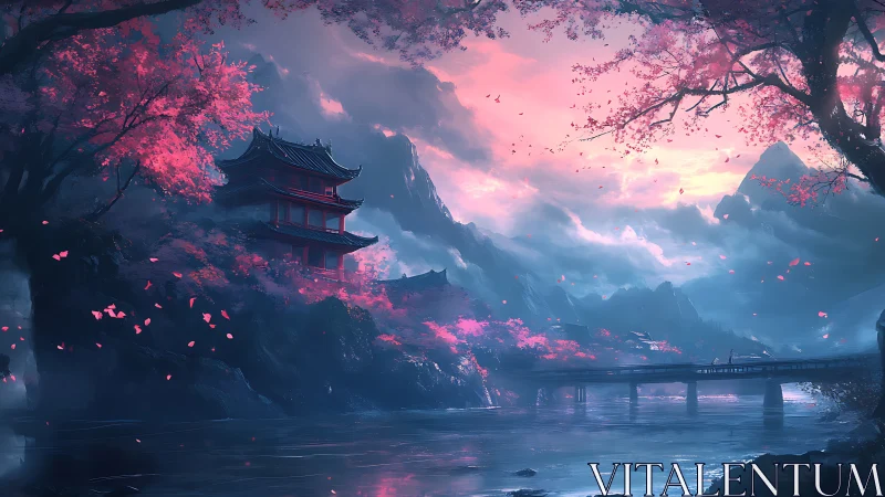 Twilight temple overlooks misty river under pink blossoms