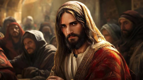 Solemn robed teacher amid murmuring crowd in warm light.