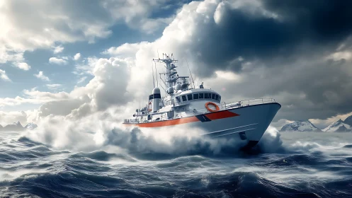 Coast guard patrol vessel in rough polar sea conditions.